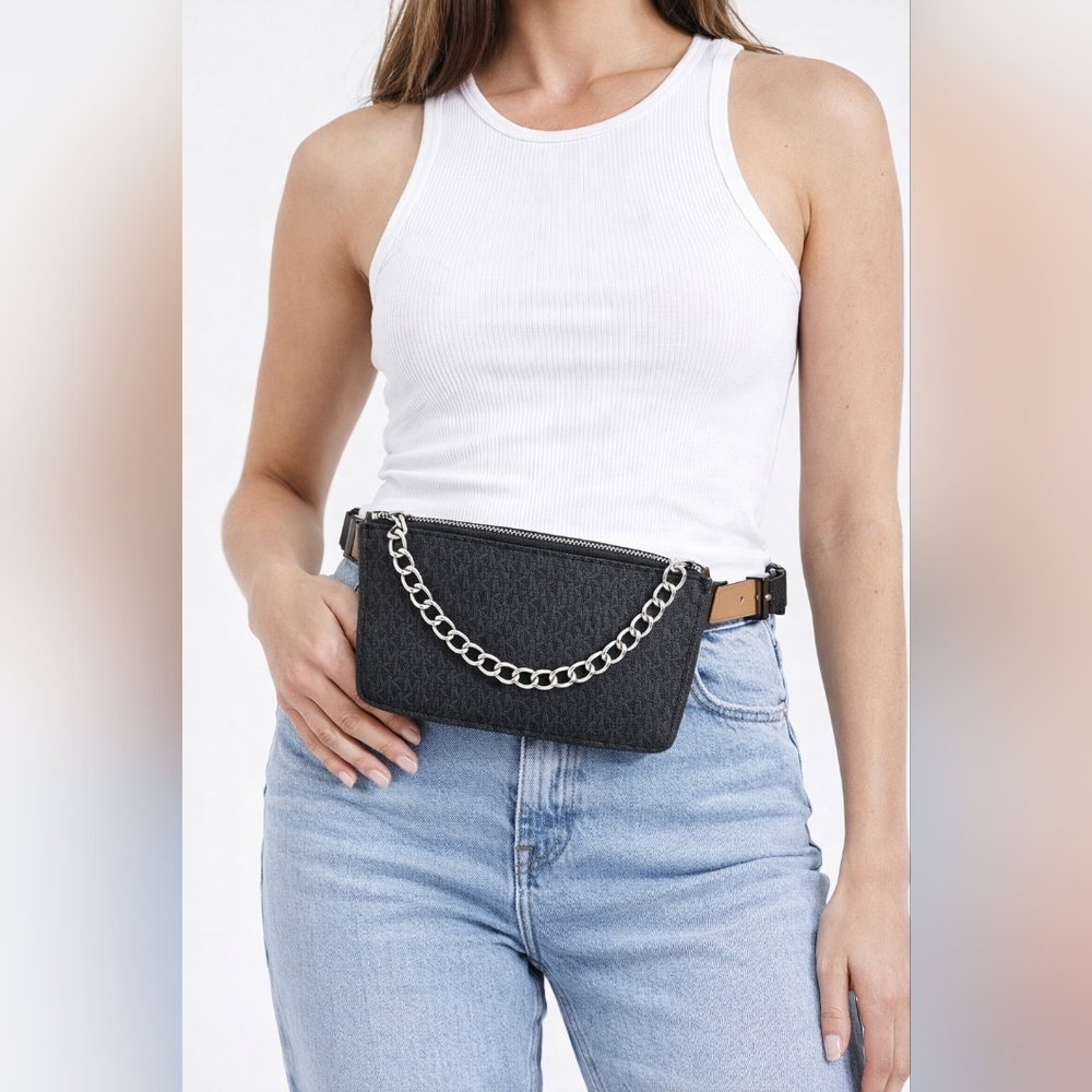 Michael Kors Black MK Logo Fanny Pack Belt Bag Chain Accent Zip Waist Crossbody. - Picture 2 of 13
